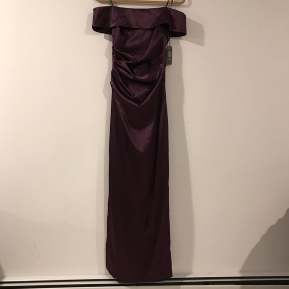 Vince Camuto Off Shoulder Ruched Waist Satin Gown Plum - Picture 3 of 10